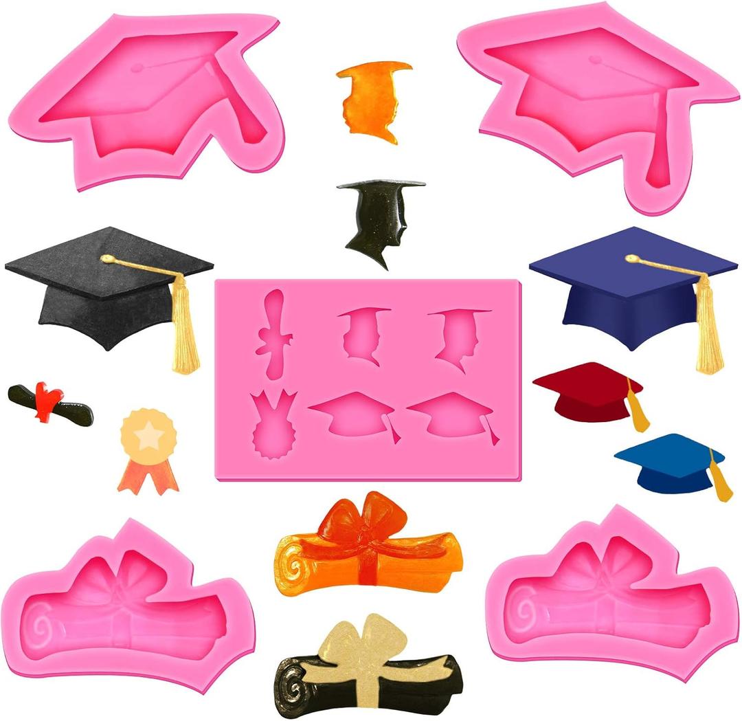 Geiserailie 5 Pcs 2025 Graduation Silicone Mold Set Graduation Kitchen Baking Chocolate Candy Fondant Mold Grad Cap Diploma for Grad Party Cake Cupcake Topper Decoration