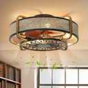 Caged Fandelier With Light and Remote - 21" Rattan Low Profile Enclosed Ceiling Fan, 6 Speeds Reversible Motor, Flush Mount, Black