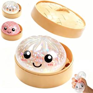 Glitter Dumplings Squishies, 2026 Upgrade Dumplings Squishies, Mystery Box, Colorful Dumplings Stress Balls Fidget Sensory Toy, Stocking Stuffers with Food Steamer Stretchy Desk Toys (White)