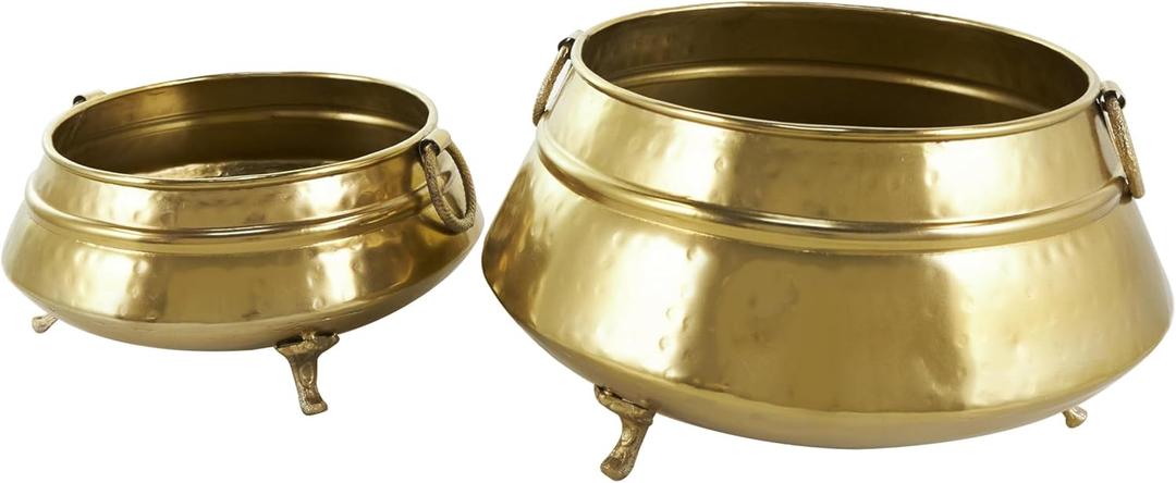 Deco 79 Metal Indoor Outdoor Planter Hammered Pot Small Planter Pot with Scrolled Feet and Ring Handles, Set of 2 Planters 14", 10"W, Gold