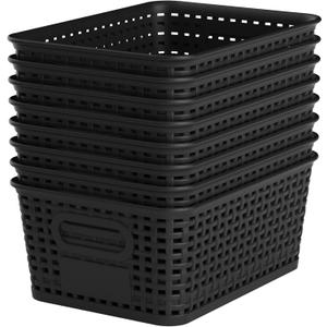 Black Plastic Storage Baskets - Pack of 8 with Labels Stackable Durable Storage Bins, Storage Containers for Organizing Desktops, Closets, Playrooms, Classrooms, Offices