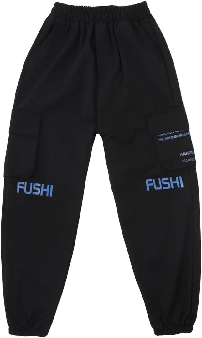 Boys Cargo Jogger Pants - Elastic Waist Casual Sweatpants, Teenage Relaxed Fit Workwear Pants with Pockets (6-7 Years, Black)