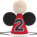 Cartoon Mouse 2nd Birthday Hat - Red & Black Party Hat for Girls Boys, Birthday Photo Props, Cake Smash, Baby Shower, Toddler Party Decorations (24 Months)