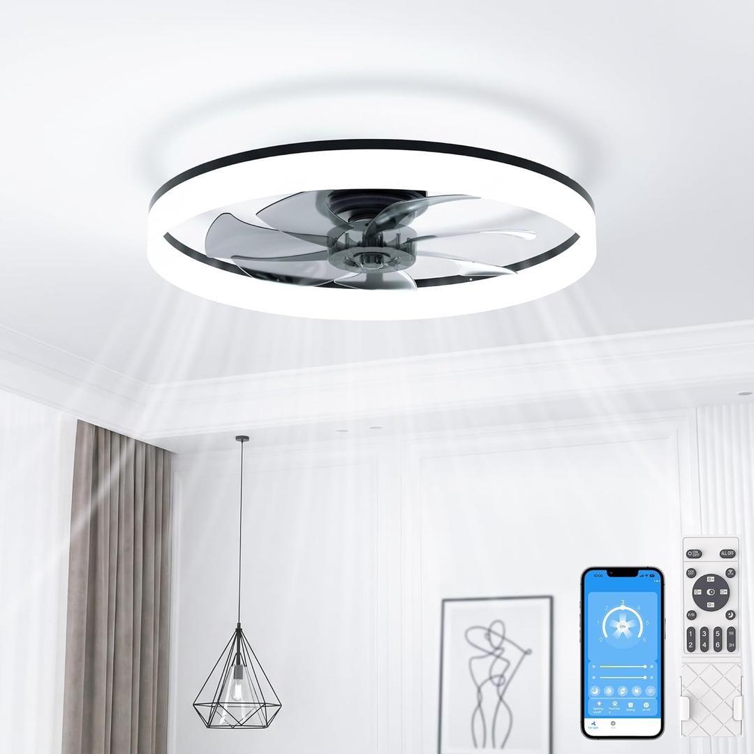VOLISUN Low Profile Ceiling Fans with Lights and Remote, 24in Fandelier Ceiling Fan with Light, 3000K-6500K Dimmable Bladeless LED Fan Light, Black Flush Mount Ceiling Fans with Lights for Bedroom