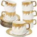 Coffee Cup Set of 6 with Saucers, 3.5 OZ Ceramic Espresso Cups Set, Gold Trim Turkish Coffee Cup Gift for Cappuccino, Latte, Cafe Mocha and Tea, Dishwasher & Microwave Safe(Gold Rim)