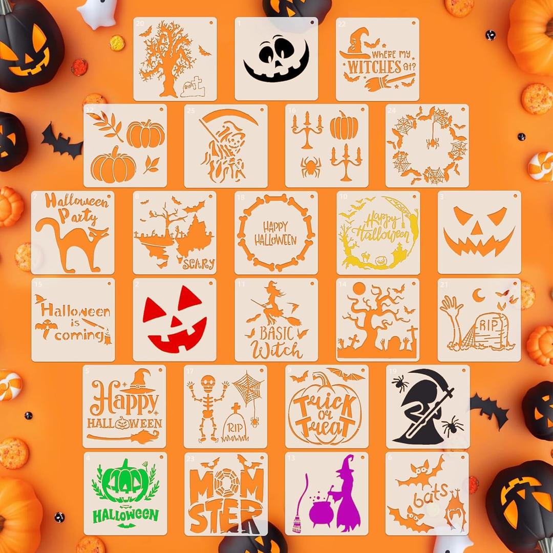6" Halloween Stencils for Painting on Wood, 25 Pcs Reusable Plastic Drawing Spraying Templates for Greeting Cards, Crafts, Ornaments, Wall, Window, Door - Holiday DIY Decoration