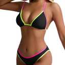 TASHEHE Women's Colorful String Bikini Set Sexy Triangle Two Piece Neon Bikini Swimsuit Color Block Halter Bathing Suit (Medium, 424 / Black)