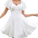 Florboom Women's Summer Sweetheart Neckline Drawstring Dress Tie Back Flutter Short Sleeve Mini Dresses XL