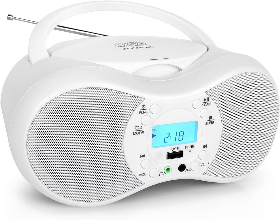 Boombox Portable CD Players for Home, Stereo Sound System for Kids Seniors, AC/ Battery Powered, Compatible with CDs/ CD-R/ CD-RW, Supports AUX Input/ USB Input/ Headphone, Sleep Timer (White)