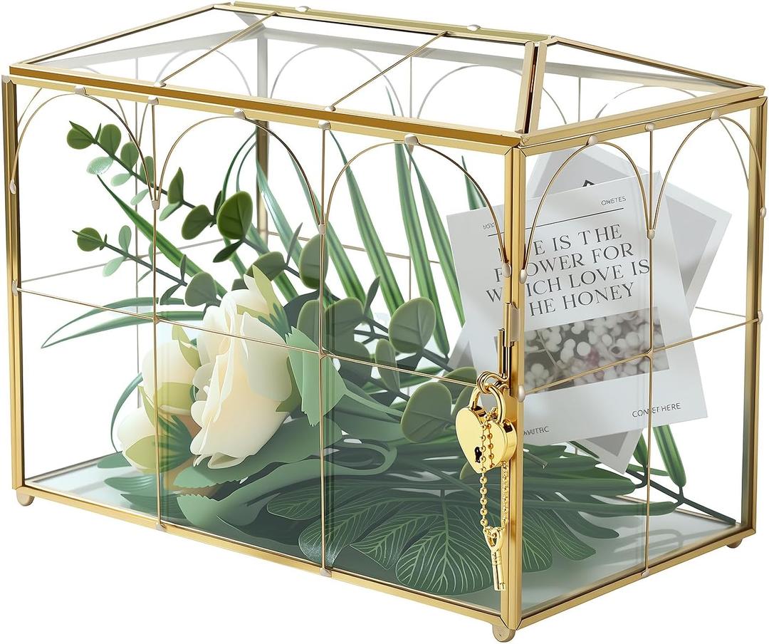 Glass Card Box with Slot, Small Gold Clear Card Box for Wedding Receptions - Home Birthdays Party Geometric Decorative, 9.84" x 5.9" x 8.27" (Gold)