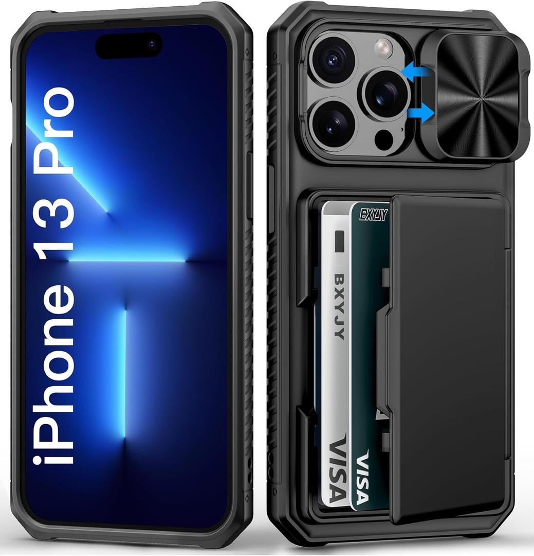 for iPhone 13 Pro Case Wallet, Card Holder (4-5 Cards), Slide Camera Cover, Military Drop Protection, RFID Block, Rugged Heavy Duty Men Women Shockproof Phone Case for iPhone 13 Pro, Black