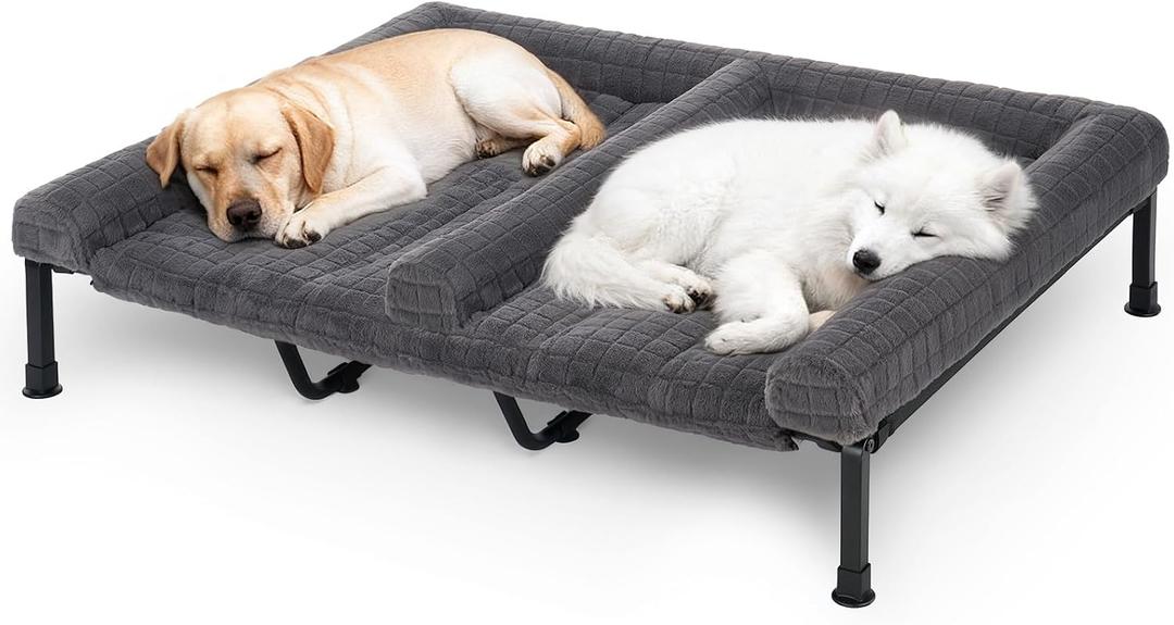 Veehoo Fluffy Plush Double Dog Couch Bed for Two Large Dogs, Washable Elevated Dog Beds with Removable Bolster Cushion, Cooling Raised Pet Cot with Breathable Mesh, No-Slip Feet, 59 x 37 inches, Grey