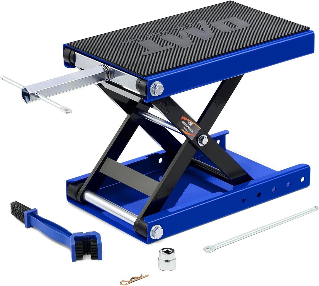 Orion Motor Tech Motorcycle Lift, 1100lb Motorcycle Scissor Lift Jack with Wide Deck T Handle 3/8" Socket, Motorbike Center Stand with Chain Brush, Crank Hoist Stand for ATV Dirt Bike Cruiser, Blue