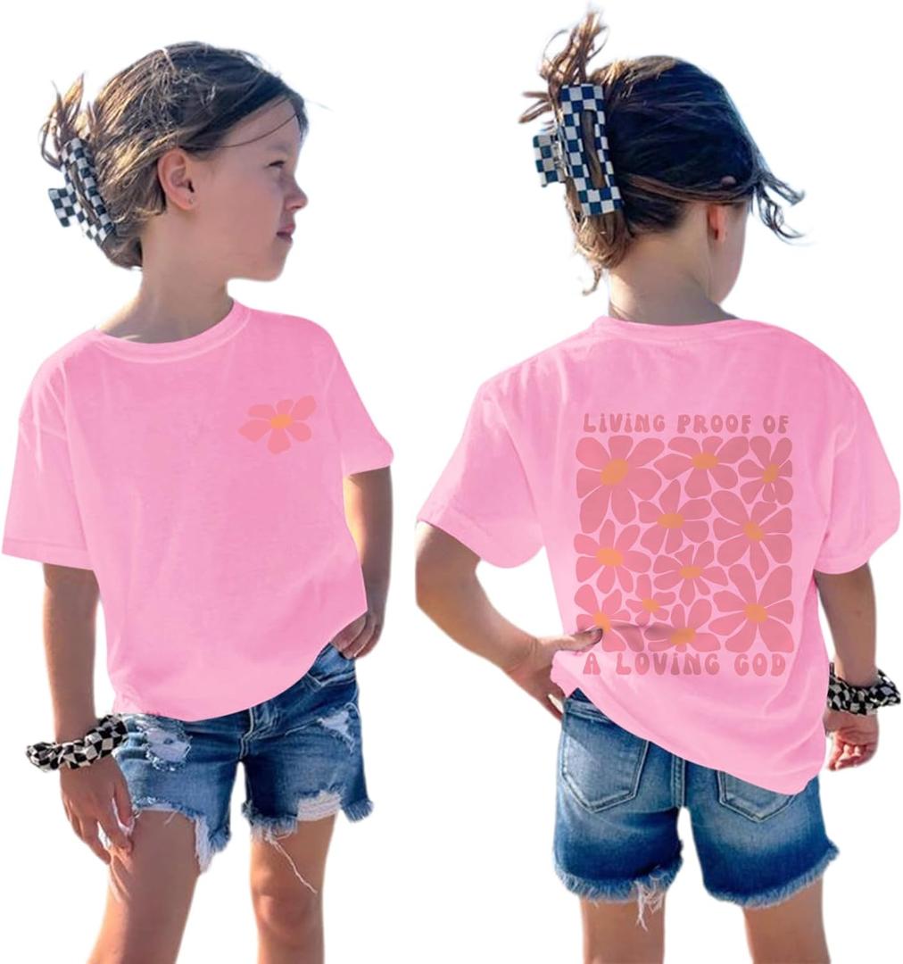 Fkatuzi Kids Christian Jesus Shirts for Girls Cute God Flower T Shirts Faith Religious Bible Verse Graphic Tees Cotton Tops(Pink,130)