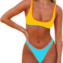 SherryDC Women's Sexy Scoop Neck Bikini Sets Color Block High Cut Thong Brazilian Two Pieces Swimsuit Bathing Suit, Small