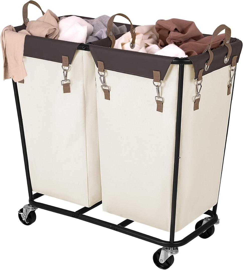 StorageWorks 280L Large Laundry Hamper with Wheels, Laundry Basket with Wheels 2 Sections, Clothes Sorter Cart with Divider for Hotel, Home, Beige, 1-Pack
