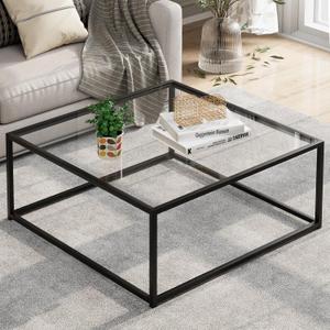 Black Glass Coffee Table for Living Room, Square Coffee Tables for Small Spaces, Simple Tea Cocktail Modern Center Tables, Living Room Tables, Easy Assembly, 26 * 26in Black & Clear Glass (26.4 x 26.4 x 15.7in)