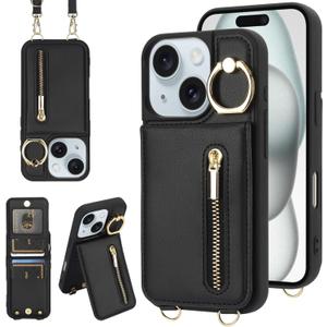 Crossbody Wallet Case for iPhone 12/12 Pro with Lanyard Strap Card Slot Holder RFID Blocking Ring Kickstand,Magnetic Flip Folio Zipper Purse Case, PU Leather Cover Handbag,Black