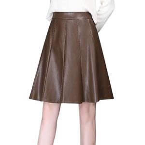 Chouyatou Women's High Waisted Faux Leather Pleated Skirt A Line Knee Length Business Casual Midi Skirt (Medium, Coffee)