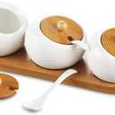 2 Pcs Porcelain Condiment Jar Set, Spice Jars with Bamboo Cap and Ceramic Serving Spoon, Wooden Tray, Used to Store Sugar, Spices, Coffee, Tea, 170 ML (5.8 OZ)