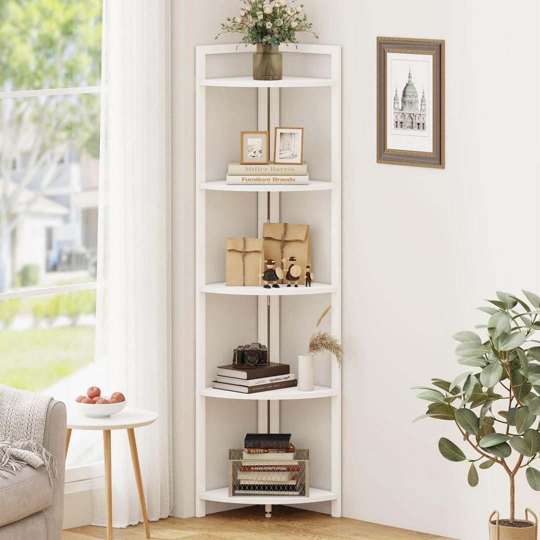 FATORRI Tall Corner Shelf, 5 Tier Modern Corner Bookshelf Stand, Wood and Metal Corner Plant Bookcase for Living Room, Home Office (White Oak), 14.17D x 14.17W x 65.94H in