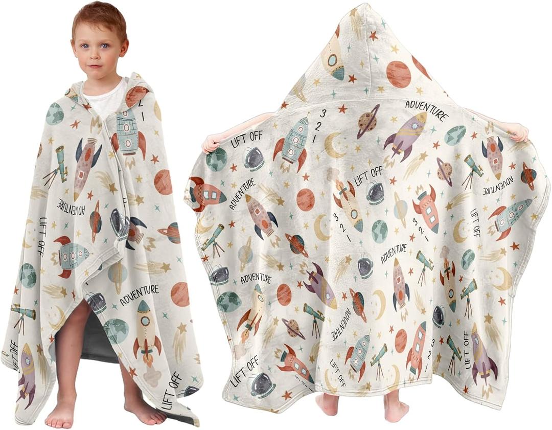 Space Adventure Hooded Towel for Kids, Planet Rocket Astronaut Hooded Poncho Blanket for Toddlers 30" x 50", Soft Flannel Wearable Blanket Bath Towel for Boy, Birthday Space Gift for Pool, Beach, Swim