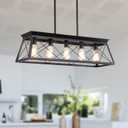 Farmhouse Chandeliers for Dining Room, Rustic Kitchen Island Light Fixture, 5-Light Linear Pendant Lighting Rectangular Chandelier, Metal Solid Ceiling Lights Black