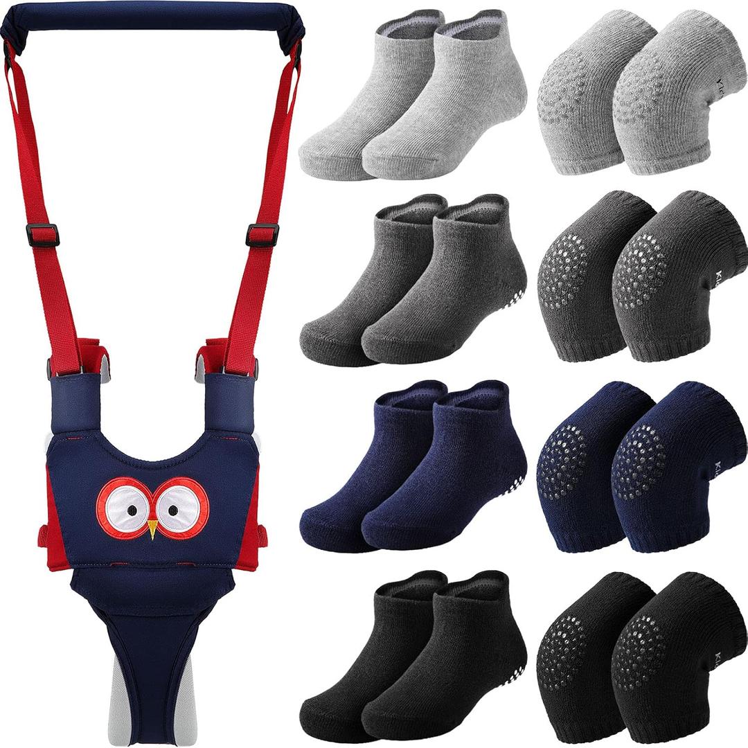 Panitay Handheld Baby Walking Harness Adjustable Toddler Walking Assistant Baby Walker Assistant Belt with 4 Pairs Crawling Anti-Slip Knee 4 Pairs Non Slip Toddler Socks Grips, 7-24 Months Old