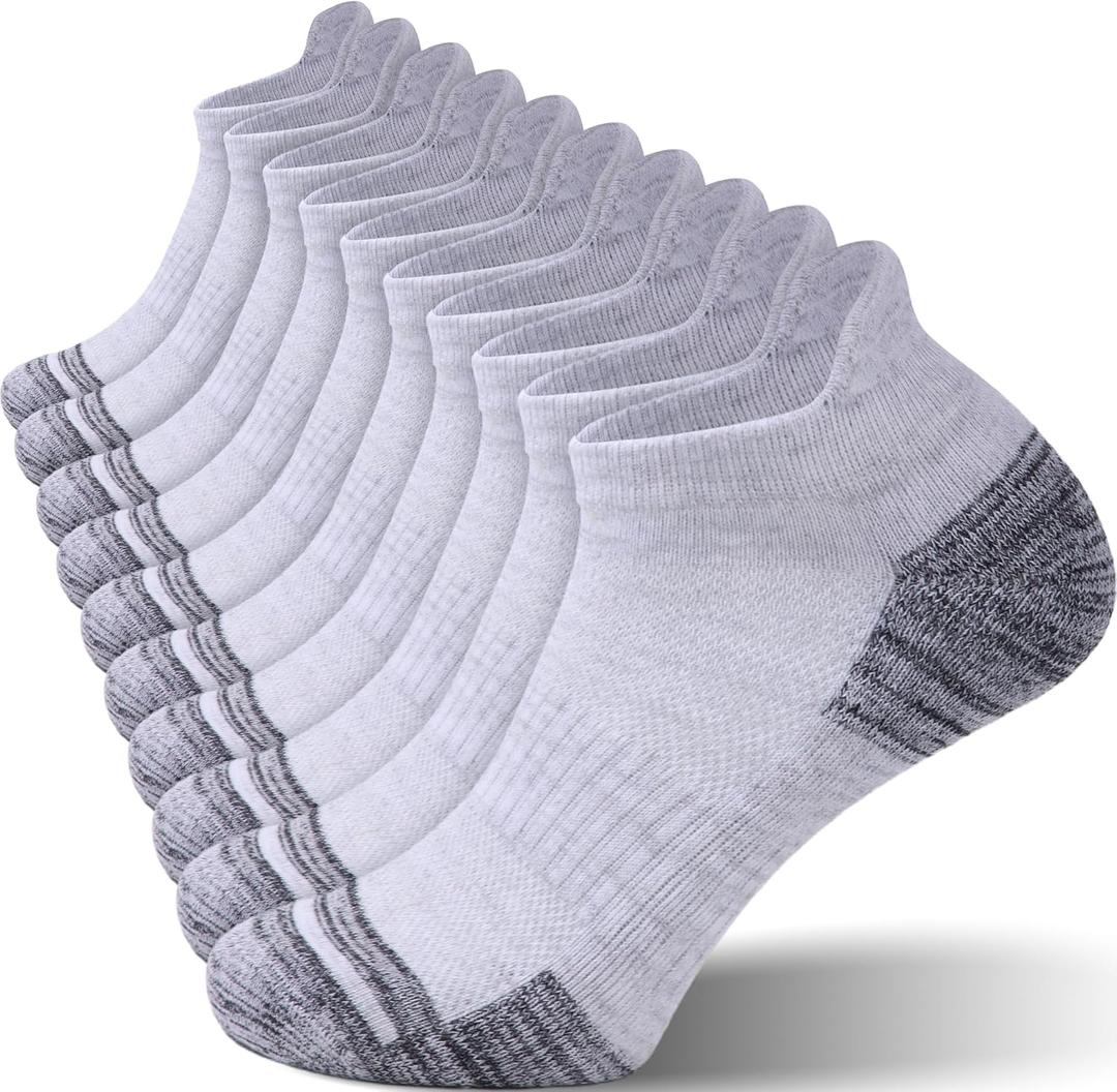 Mens Ankle Running Socks Cushioned Athletic Low Cut Short Socks for Men 5 Pack (9-12, White)