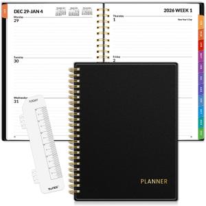 SUNEE 2026 Weekly and Monthly Planner - from January 2026 - December 2026, Daily Agenda Planner with Monthly Tab, Flexible Cover, Note Pages, Pockets, Bookmark, Spiral Binding, Black, 6.4" x 8.3"