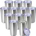 20 oz Tumbler Coffee Travel Tumblers Bulk with Lid Stainless Steel Double Wall Vacuum Insulated Mug Powder Coated Cups fit Car Cupholder for Hot and Cold - Stainless Steel, 12Pack