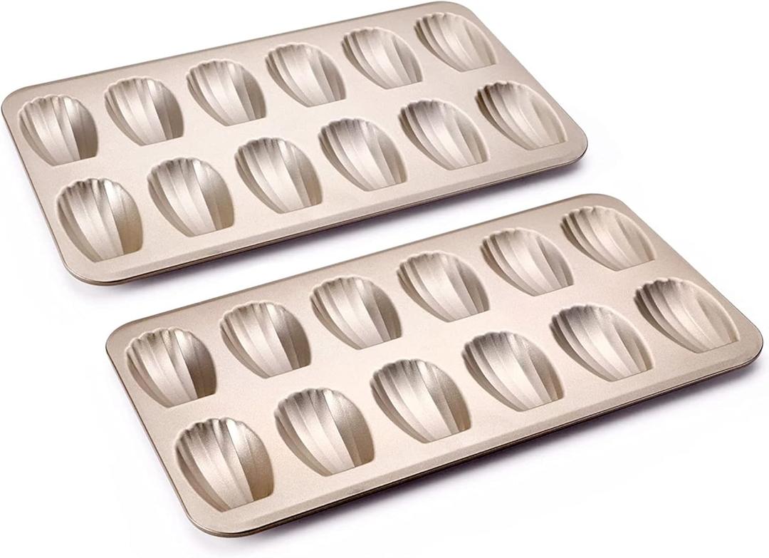 HONGBAKE Nonstick Madeleine Pan 2 Pack 12-Cavity Heavy Duty Madeleine Cookies Trays for Oven Baking, Warp Resistant Shell Shape Madeleine Mold Cake Pan, Champagne Gold
