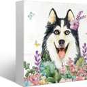 Mtrgdn Dog Decor,Dog Mom Gifts for Women,Dogs Lover Gifts,Flowers Husky Wooden Box Sign Desk Decor,Farmhouse Home Office Desk Shelf Wall Decoration,5x5 Inch