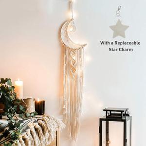ANROYE Boho Macrame Woven Wall Hanging, Crochet Crescent Moon Star Dream Catcher with Long Tassel- White Cotton Handmade Bohemian Nursery Decor Decoration Art Craft for Kids Bedroom Dorm Room, Cream White