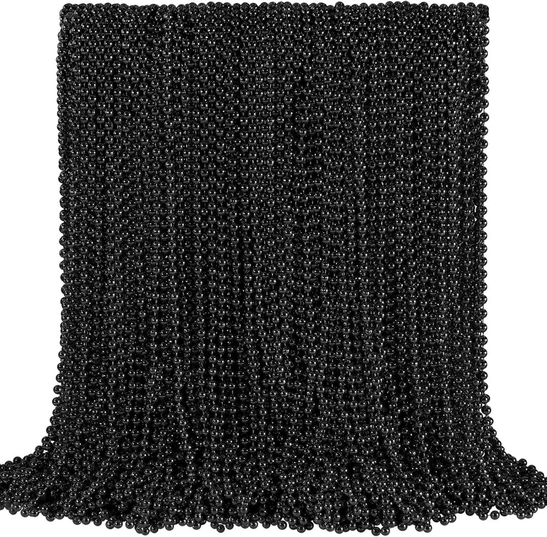 144 PCS Black Bead Necklaces, Black Mardi Gras Beads, New Year Eve Necklaces, 33 Inch Round Halloween Beaded Necklace, Party Beads for Mardi Gras, Christmas, Halloween, New Year Party Favors
