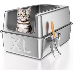 XL All Stainless Steel Cat Litter Box with Lid,Deep Metal Litter Box for Big Cats,Extra Large Litter Boxes with High Wall Sides Enclosure,Anti-Leakage,Odor Control,Non-Sticky,Easy Cleaning (23.6''L15.7''W12''H)