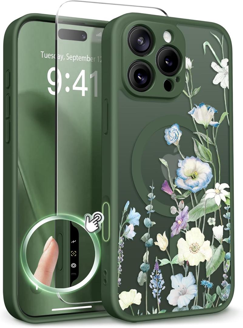GVIEWIN for iPhone 16 Pro Case Compatible with MagSafe, [Military Grade Protection] [Screen Protector] Full Camera Protection Floral Translucent Women Magnetic Phone Case, Aquilegia/Forest Green