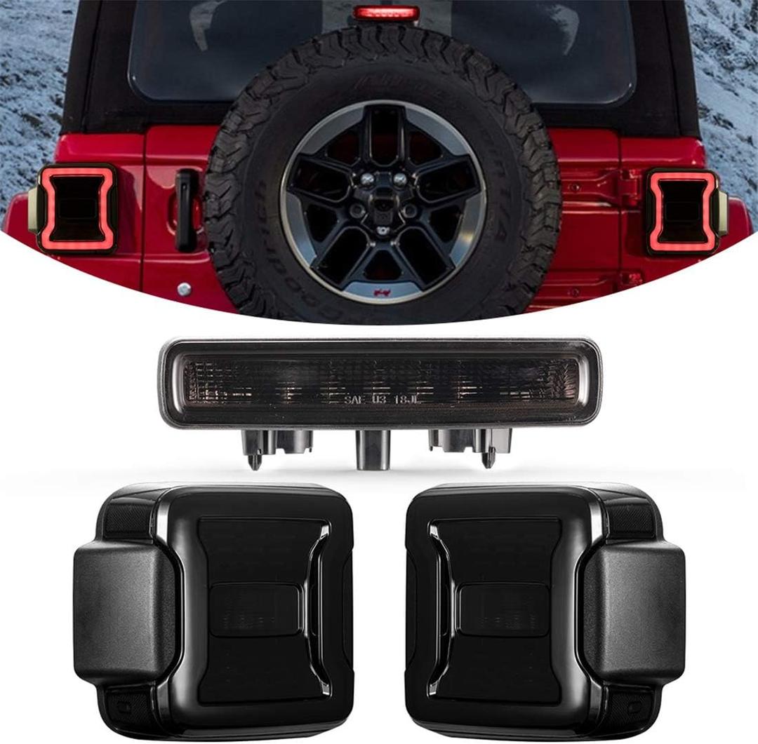 Kiwi Master Smoked LED Tail Lights & 3rd Brake Light Set for 2018-2026 Jeep Wrangler JL/4xe Accessories Third Brake Light High Mount Stop Light Reverse Light Turn Signal Light