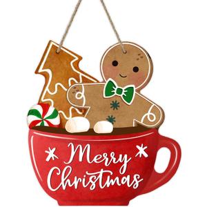 Merry Christmas Gingerbread Man Coffee Front Door Sign, Xmas Tree Peppermint Candy Wood Hanger Outdoor Outside Porch Home Decor, Winter Holiday Wooden Wreath Indoor Wall Hanging Decoration