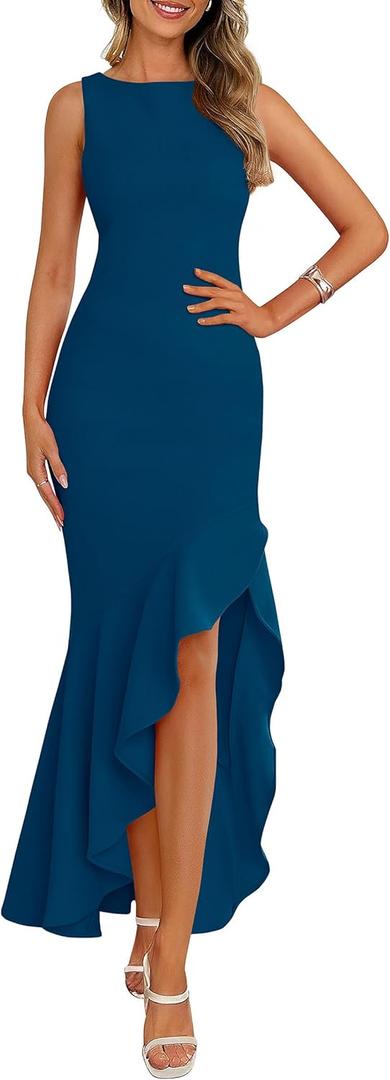 PRETTYGARDEN Wedding Guest Dresses for Women 2026 Summer Formal Gala Maxi Dress Ruffle Mermaid Cocktail Long Dresses (Large, Lake Blue)
