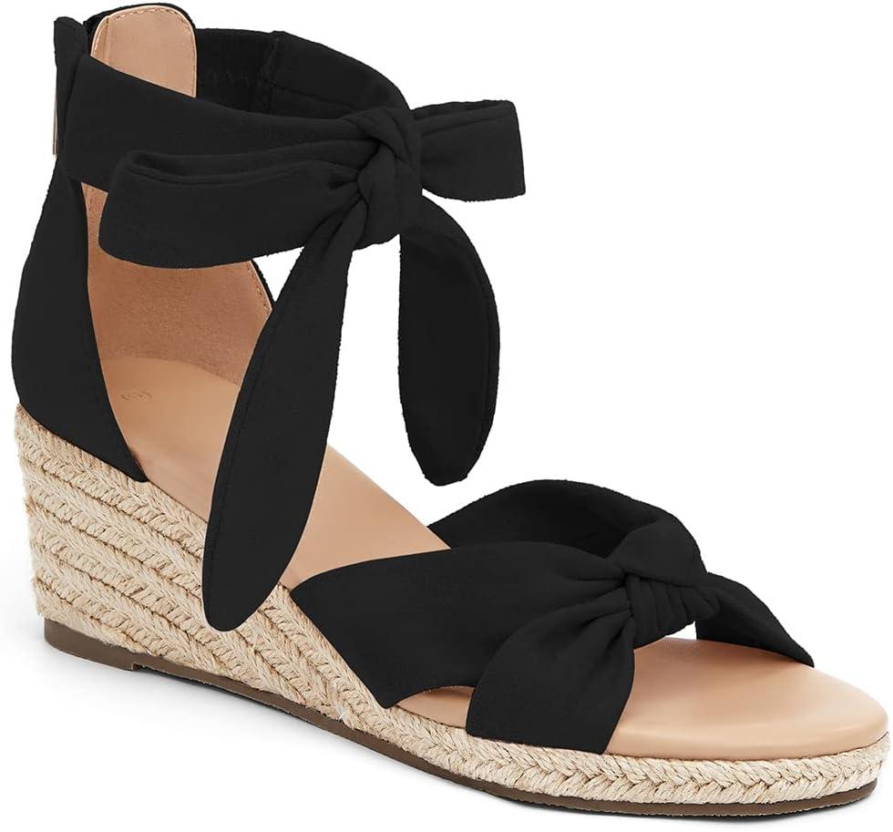 LAICIGO Womens Espadrilles Wedge Sandals Back Zipper Closure Open Toe Platform Ankle Strap Summer Dress Shoes with Bow (9, Black)
