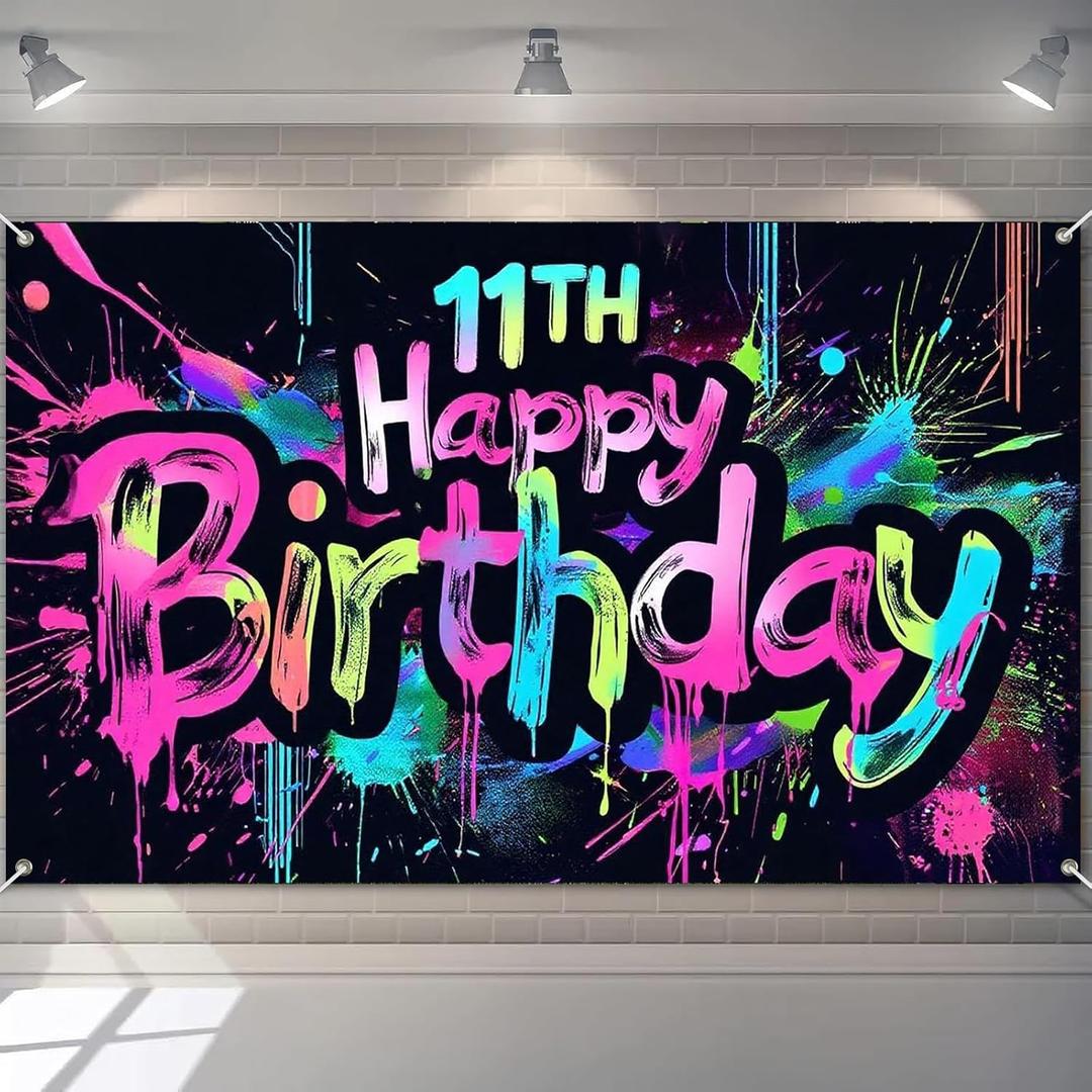 HOMETITUTE Neon 11th Happy Birthday Banner 71x43 Inch Paint Splatter Glow in The Dark Party Backdrop Colorful Wall Decor for Kids Boys Girls Eleventh Birthday Celebrations Photo Booth Props Event