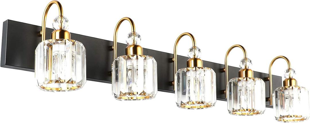 Ralbay Modern LED Bathroom Vanity Lights 5-Lights Crystal Vanity Lights Over Mirror Modern Black Bathroom Vanity Lighting Fixtures (Round-Black+Gold)