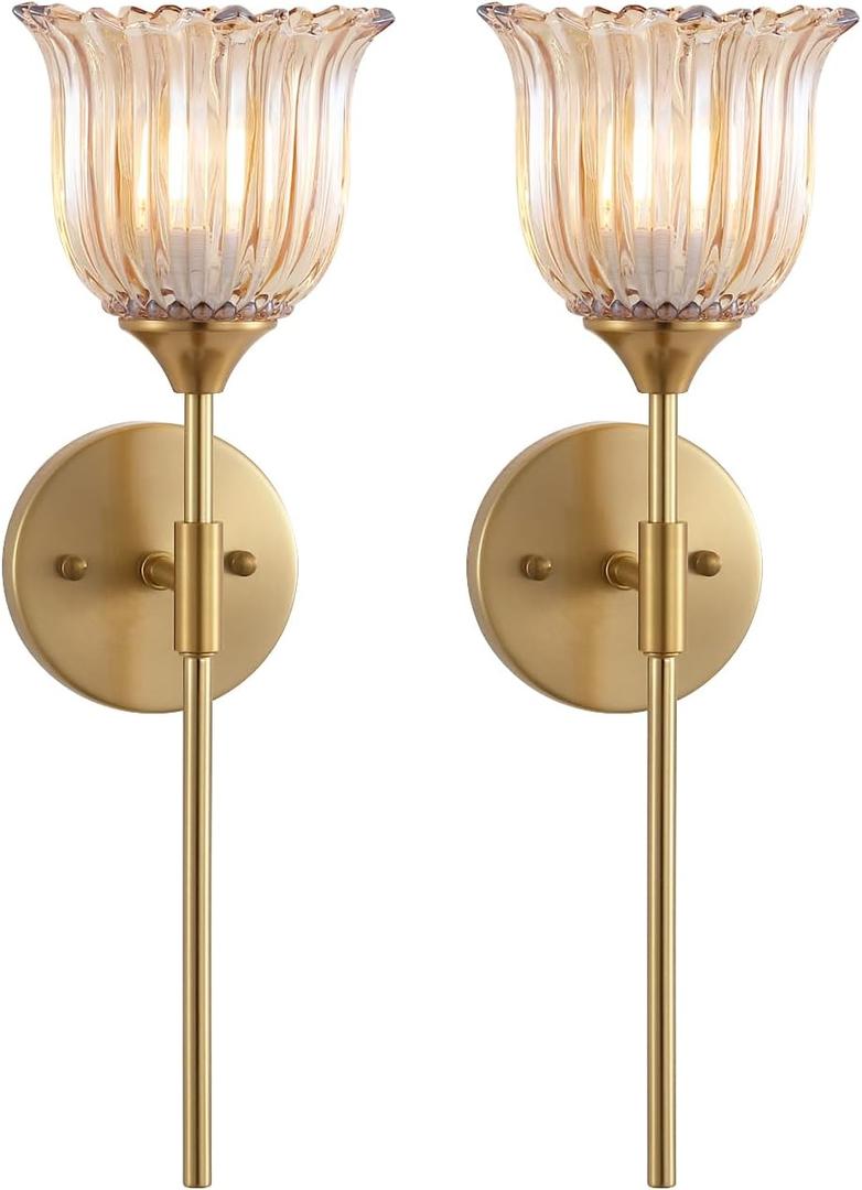 Gold Wall Sconce Set of 2 with Amber Glass Shades Modern Mid Century Bathroom Vanity Wall Light Fixtures Industrial Brushed Brass Wall Lamp for Bedroom Mirror Living Room Restaurant