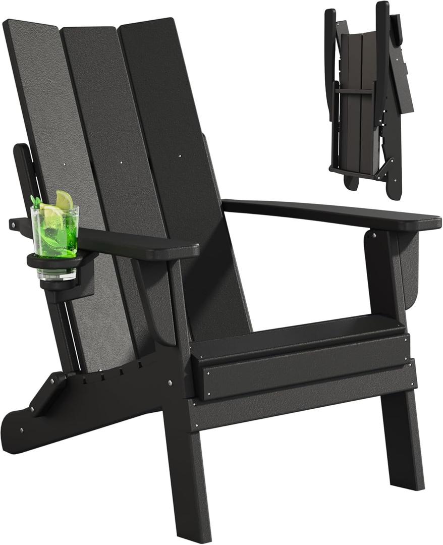 Folding Adirondack Chairs, All-Weather Resistant HDPE Patio Firepit Chairs, Sturdy Outside Chairs with Cup Holder, Pre-Installed Lawn Chairs Load Capacity 385lb for Backyard, Black (1 Pack)