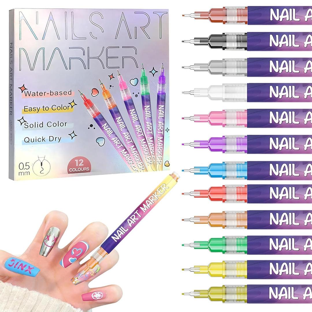 3 x YUEUR 12 Colors Nail Art Pens Set, Fine Tip Nail Polish Pen Markers, Quick Dry Nail Art Kit for DIY Home Salon, Professional Nail Art Tools, Manicure Set Gift for Adults Beginners