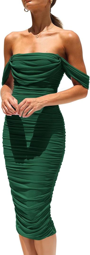 PRETTYGARDEN Women's Summer Off The Shoulder Ruched Bodycon Dresses Sleeveless Fitted Party Club Midi Dress (Medium, Dark Green)