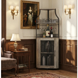 Garvee Corner Wine Bar Rack Cabinet with Detachable Wine Rack, Bar Cabinet with Glass Holder and Mesh Door, Liquor Coffe Bar Cabinet with Adjustable Shelves, ‎Grey