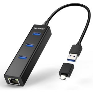 TECKNET USB C to Ethernet, Aluminum 3 Port USB 3.0 Hub with RJ45 10/ 100/ 1000 Gigabit Ethernet Adapter Converter LAN Wired Network Adapter for Laptop