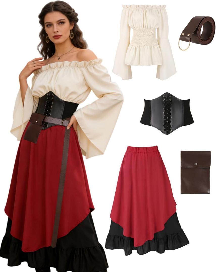 Renaissance Costume Women Medieval Victorian Fancy Dresses Halloween Pirate Cosplay (M)